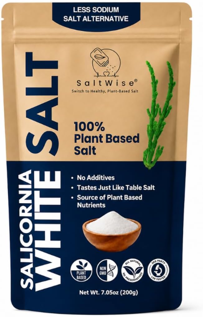 SaltWise Salicornia (Samphire) White Salt | 50% Less Sodium Plant-Based Salt Substitute | Mineral Sea Salt Alternative | Vegan, Non-GMO, No Additives (200g)