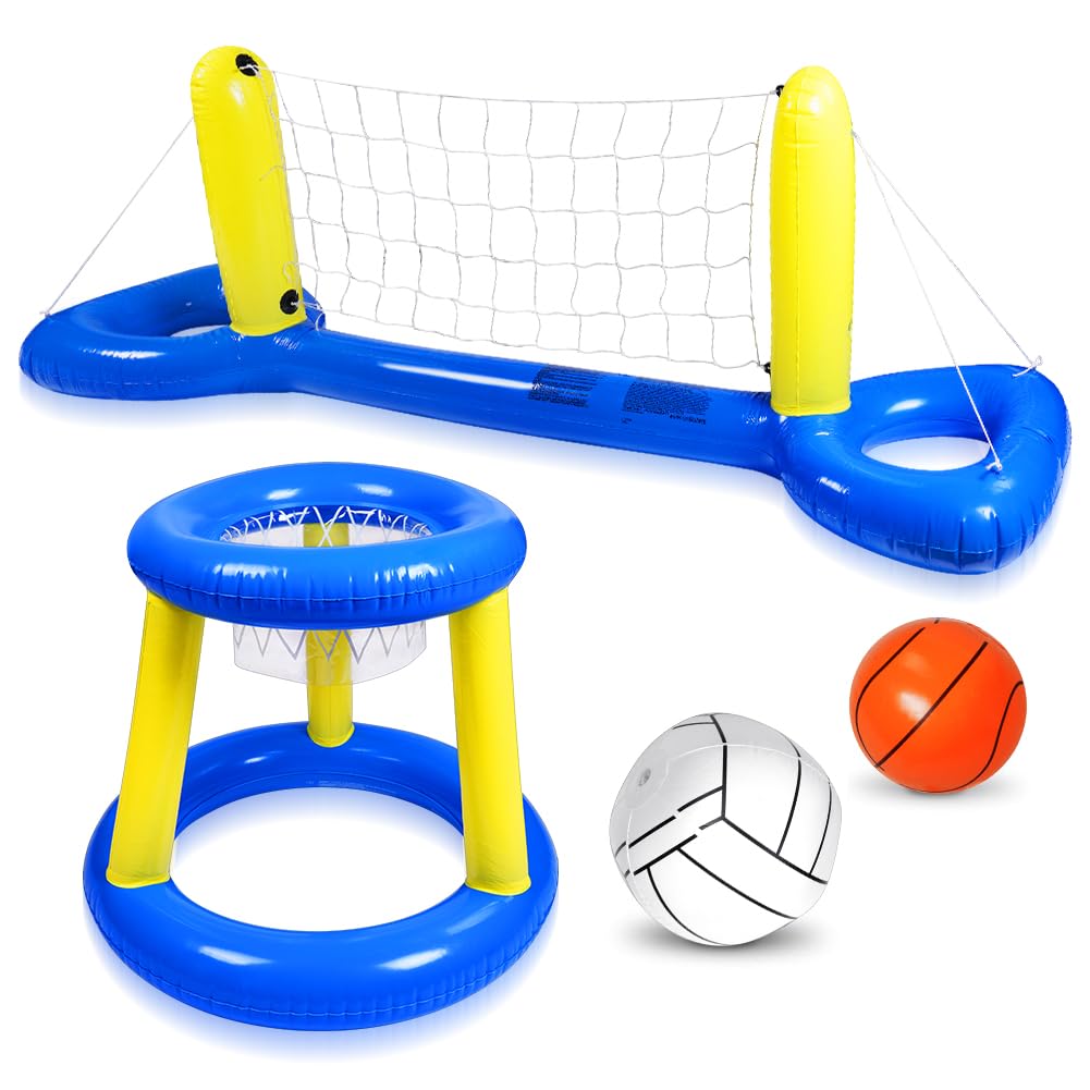 OSDUE Aufblasbares Volleyball-Set, Pool Float Set mit Netz, Körben & Bällen für Kinder und Erwachsene