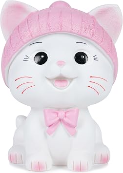 H&W Lovely Cat Piggy Money Bank with Wool Hat, Unbreakable Cute Kitty Coin Bank, First Money Box,Best Birthday Gift Pink