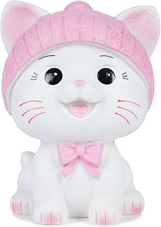 H&W Lovely Cat Piggy Money Bank with Wool Hat, Unbreakable Cute Kitty Coin Bank, First Money Box,Best Birthday Gift (Pink)