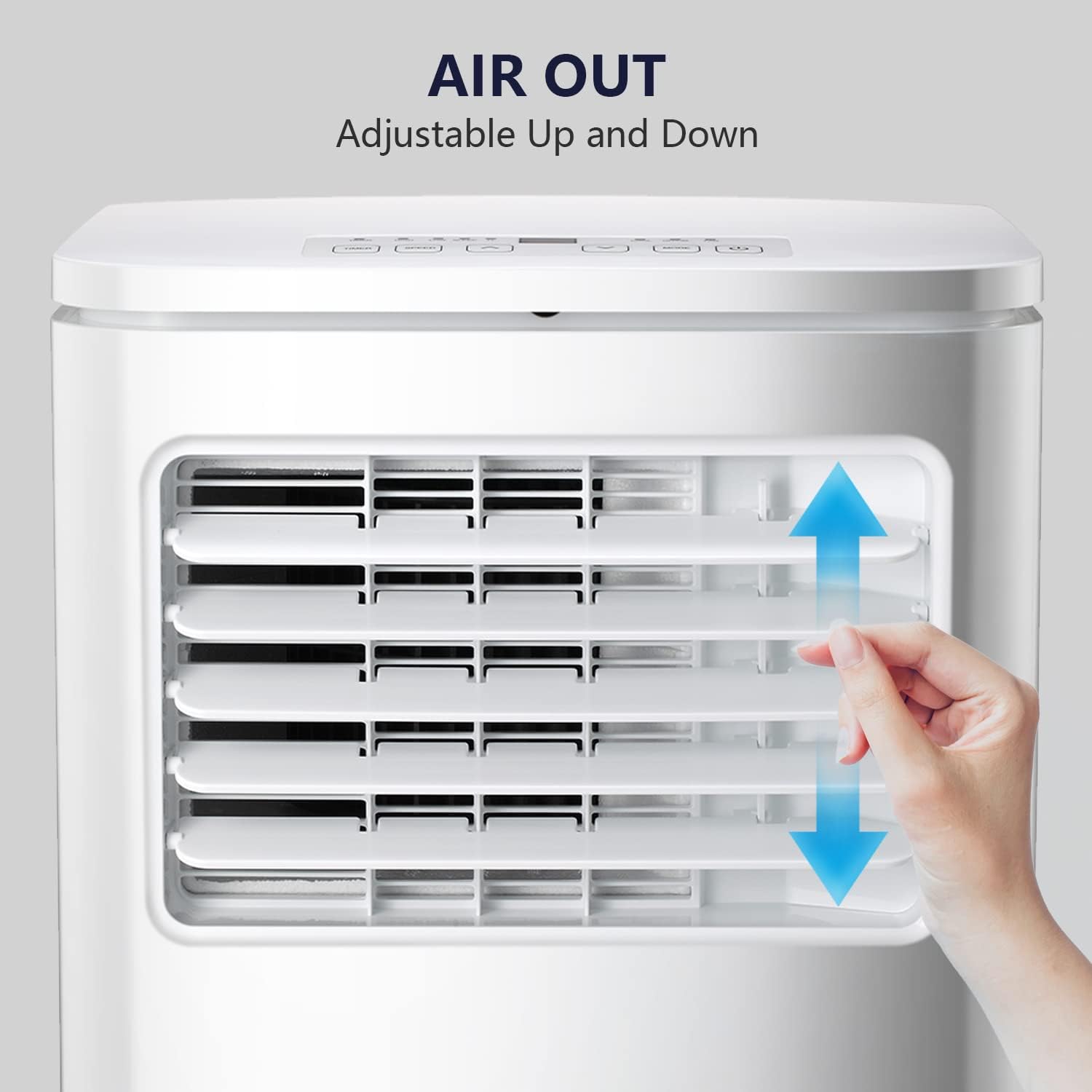 A hand adjusting the vertical louvers of the air outlet on the ZAFRO portable air conditioner, with arrows indicating adjustable up and down movement.