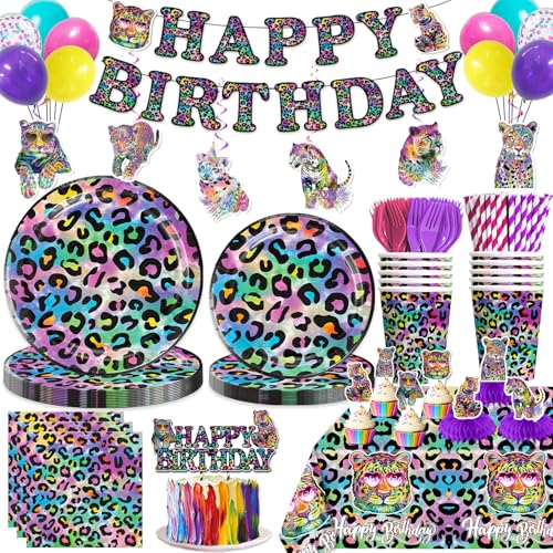 202Pcs Cheetah Birthday Decorations Tableware Set Serves 25 Guests, Rainbow Cheetah Birthday Decorations Include Banner, Plates, Balloons, Cake Topper
