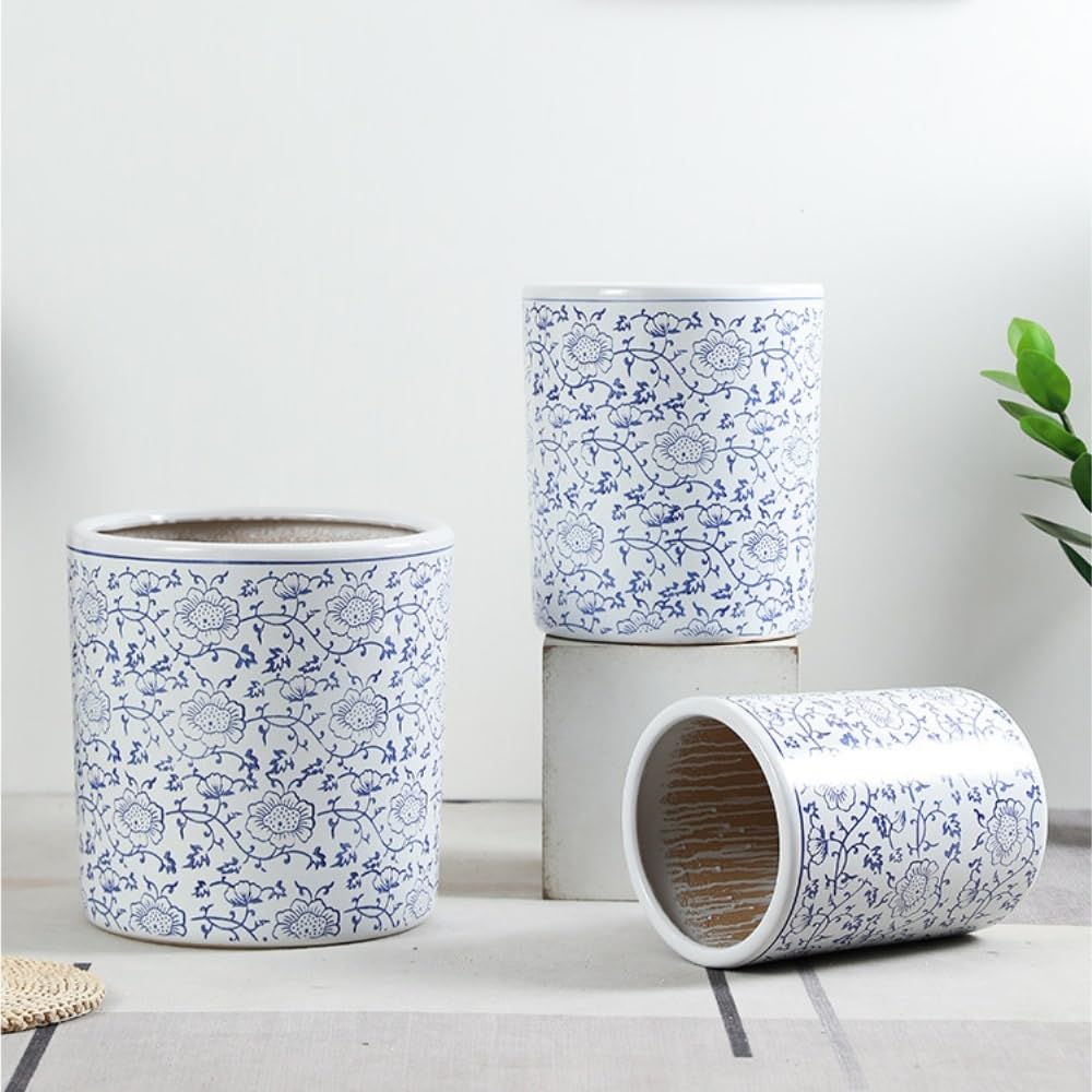 Pot de Fleurs en Porcelaine Bleue et Blanche, Pots de Fleurs avec Trou de Drainage, Ornement de Plantes d'intérieur(Large)