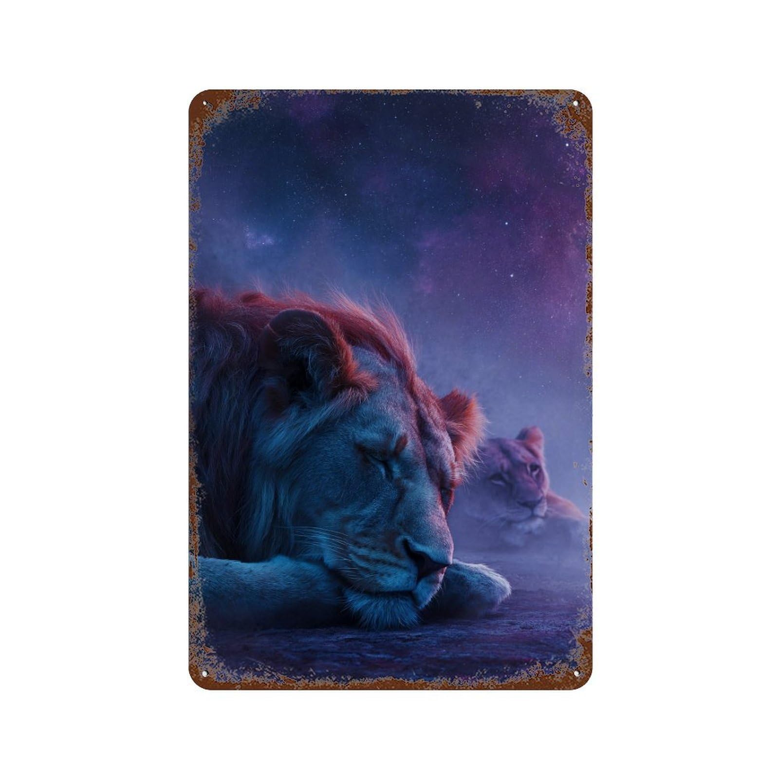 Lion Couple Under Starry Sky Rustic Tin Plaque 11.8"x7.9", Ideal for Office, Studio And Wall Decor