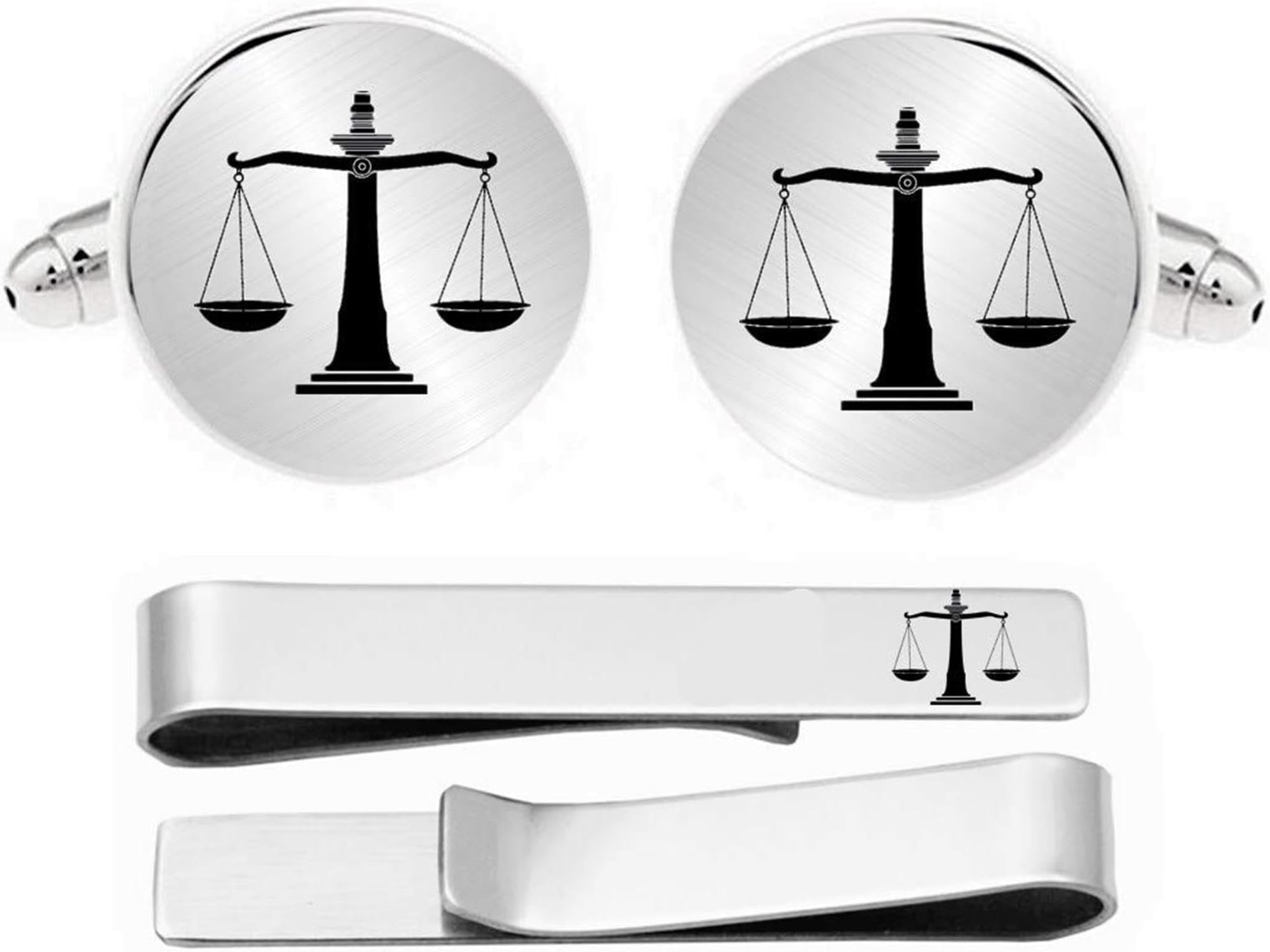 KooerLaw of Scale Engraved Cufflinks Tie Clip Set Custom Engraved Legal Scale Cufflinks Jewelry Gift for Lawyer Judge, silver-and-stainless-steel, cufflinks tie clip tie tack