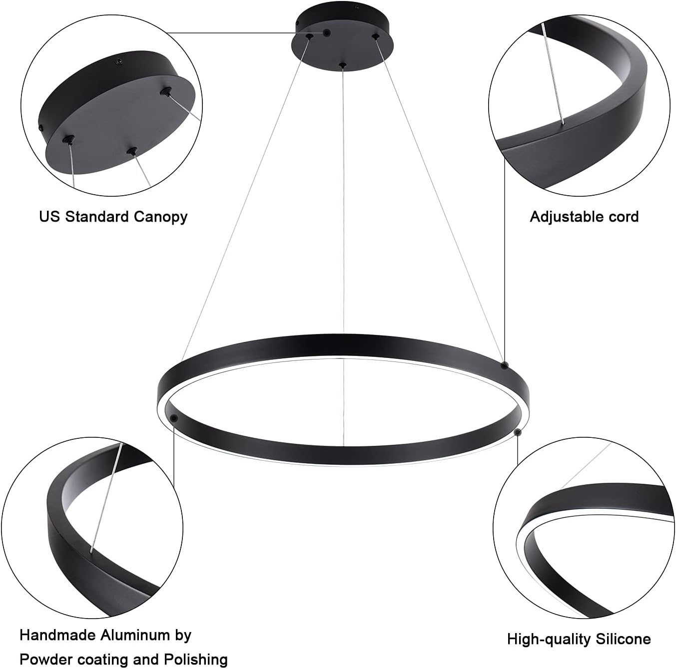 MADEM Room Decor Modern LED Pendant Light 1-Ring Circular Contemporary Chandelier 23.6'' Flush Mount Pendant Lighting for Living Dining Room Bedroom, 6000K Cool White, Black