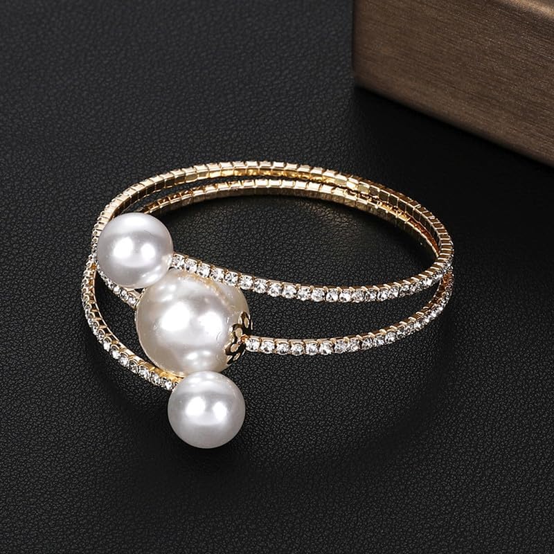 Dainty Rhinestone Silver Gold Pearl Open Bangle Bracelet Fashion Chunky Gold Bracelets Wedding Sparkly Layered Bracelet Adjustable Pearl Bracelets for Women-A - Image 3