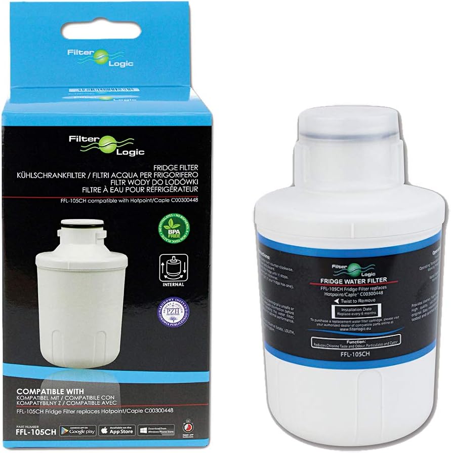 FilterLogic FFL-105CH Fridge Water Filter Compatible with CDA Fridge, Hotpoint C00300448, SXBD922FWD, Caple CAFF205, Thomson THSBS90WDWH, Microfilter MFCMG14211FR / MFCMG14211F Refrigerators (1 Pack)