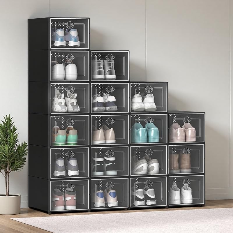 YITAHOME Cajas de almacenamiento de zapatos XL, paquete de 18 organizadores apilables para zapatos con plástico transparente, contenedores de tenis,
