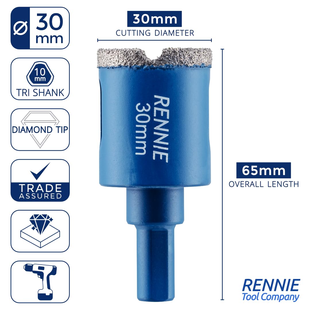 30mm Diamond Hole Saw Drill Bit With Tri Shank For Porcelain Tiles Ceramic Slate Stone Granite Marble Glass. Diamond Core Holesaw/Hole Cutter - Image 3