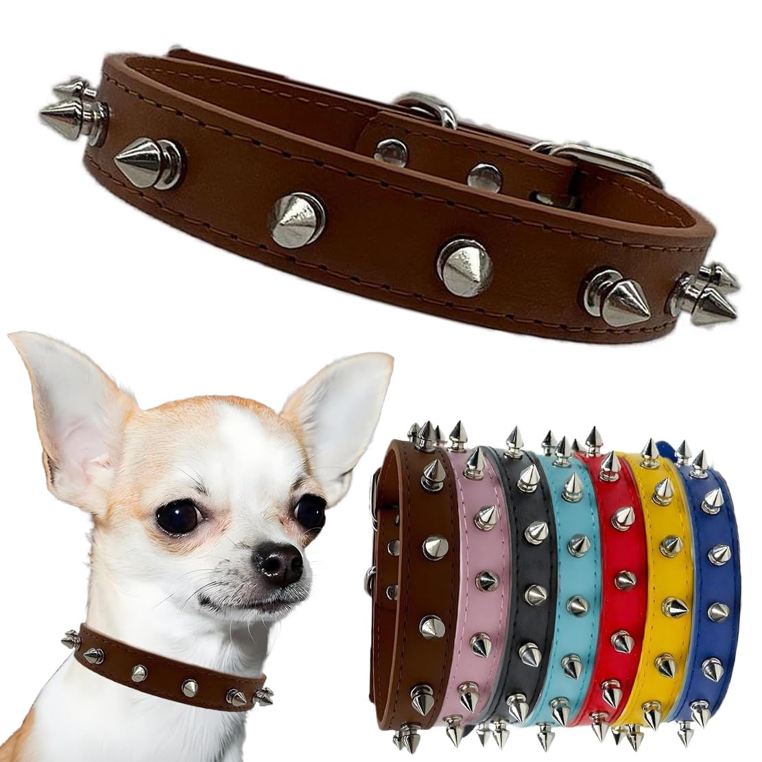 Spiked Dog Collars, Leather Spike Cat Collar Punk Rivet Studded Puppy Collars Durable with Buckle for Small Medium Large Dogs, (Brown,M)