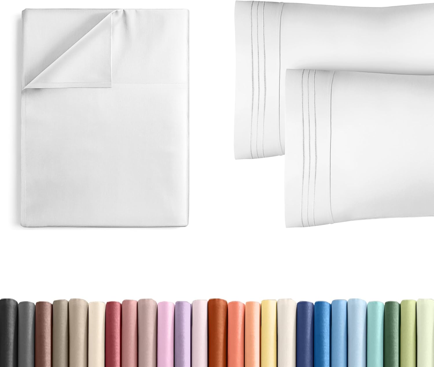 Queen Size Flat Bed Sheet + 2 Pillowcases Bundle - Hotel Luxury Single Flat Bottom Sheet Only - Fits Mattresses with Deep Pockets between 8 to 16 inches - Ultra Soft, Breathable & Wrinkle Free - White