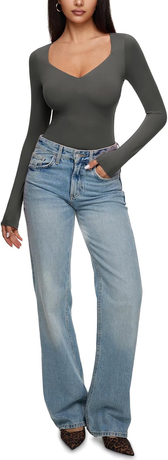 REORIA Long Sleeve Bodysuits for Women Square V Neck Going Out Top Double Lined Thong Body Suit Sexy Slimming Shirt 2025 Fall - Image 5