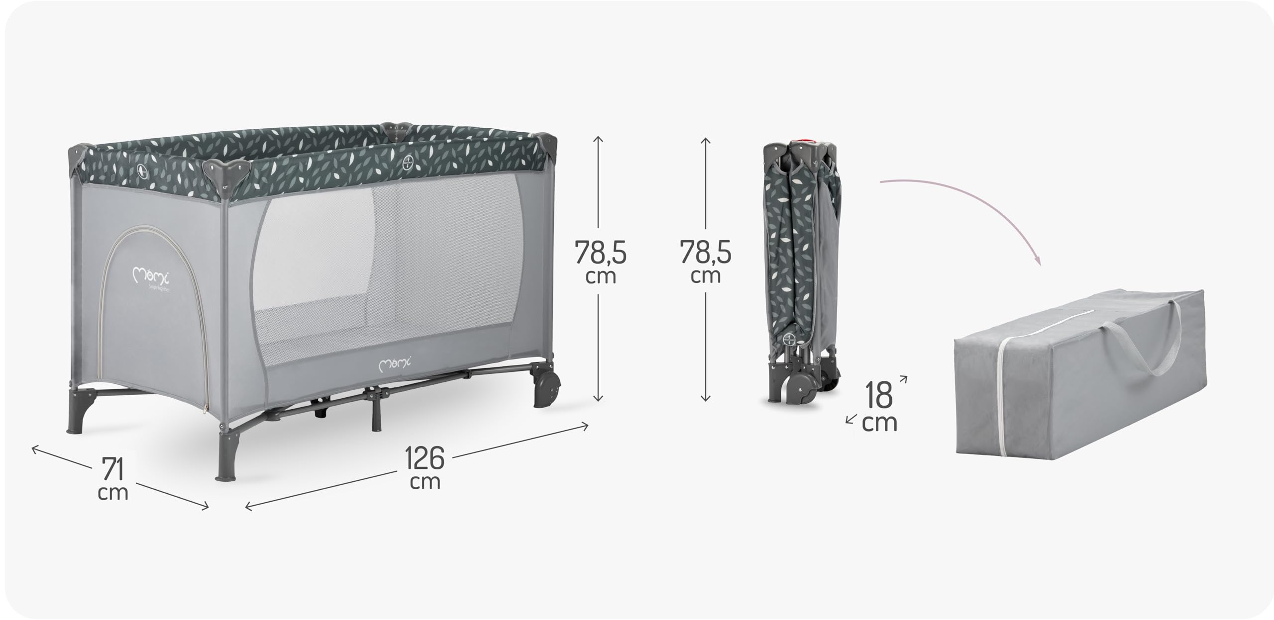 Momi Lit de Voyage BELOVE, pour Les Enfants Jusqu’à 15 kg de Poids corporel, Largeur 65 x Longueur 125 x Hauteur 78 cm (plié 21 x 23 x 80 cm), lit de Voyage pour Enfants avec Matelas, 2 Roues