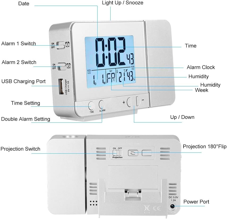 Gavigain Projection Alarm Clock,LED Multifunction Projection Digital Alarm Clock with Weather Station Indoor Thermometer for Home and Office Use