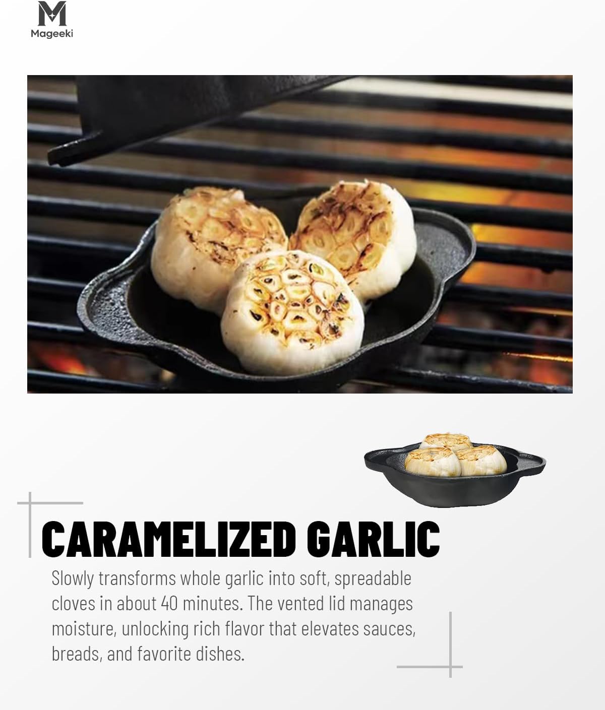 Cast Iron Garlic Roaster with Handle, Pre-Seasoned Baker & Smoker Box for Oven, Outdoor Grill & BBQ – Roast Potatoes, Vegetables and Meats