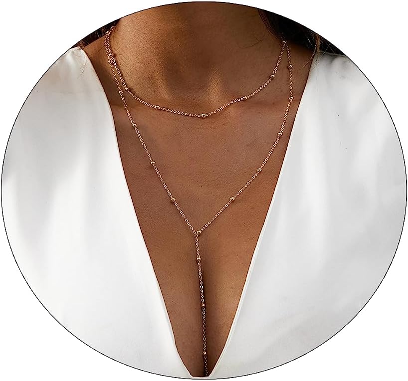 14K Gold Plated Lariat Necklace Dainty Long Gold Necklaces for Women Drop Y Necklace Cubic Zirconia Necklace Lip Chain Bar Bead Necklace Cute Jewelry