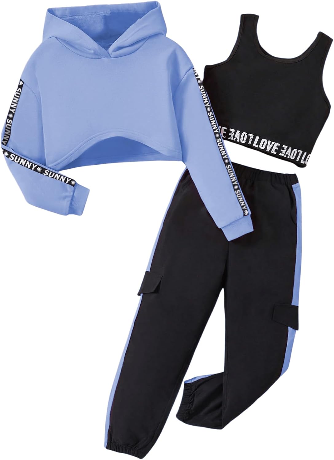 MakeMeChic Girl's Letter 3 Piece Cute Outfits Workout Hoodie Crop Tank and Sweatpants Set Hip Hop Dance Outfits
