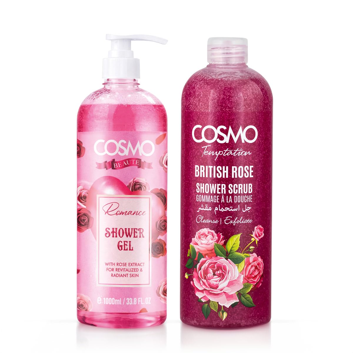 Cosmo Luxury Bath & Body Care 2 Pieces Set | British Rose Shower Scrub 1000ml & Romance Shower Gel 1000ml | Long Lasting Fragrance | Tan Removal & Brightening | Non Greasy | For All Skin Types-image-48