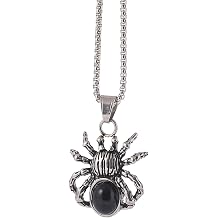YWMAN Spider Pendant Necklace, Silver Box Chain, Black/Red/Green Oval Stone, Gothic Halloween Jewelry for Women