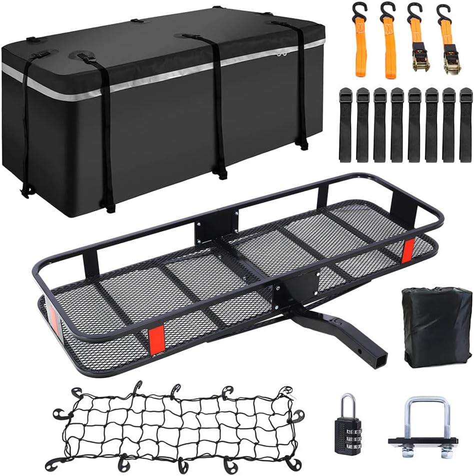 Folding Hitch Mount Cargo Carrier Basket, Trailer Hitch Cargo Carrier Rack, 60"x24"x6" Folding Hitch Mount Vehicle Carrier Basket for SUV, RV, Truck, Van, Fits 2" Receiver for SUV Pickup