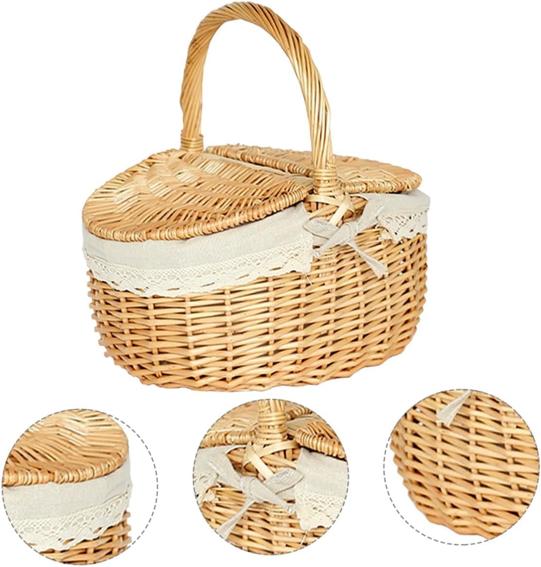 Large Handmade Wicker Picnic Basket with Lid, Medium 35x24x17cm Storage Basket for Outdoor Shopping, Vegetable Picking, and Party Bread