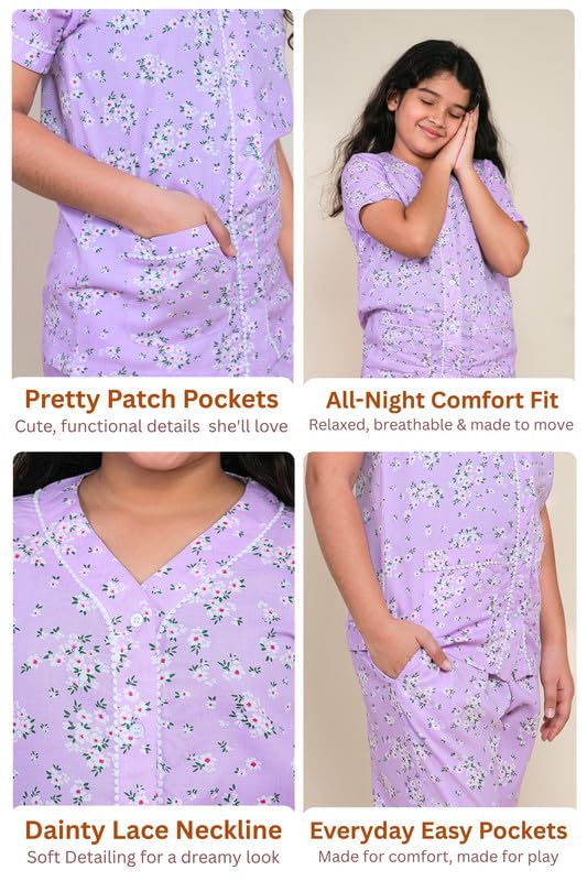 Image of Tweeny Mini Kids Girls Night Suit | Sleepwear | Nightwear | Nightdress Summer Half Sleeve Shirt with Pyjama Combo Set