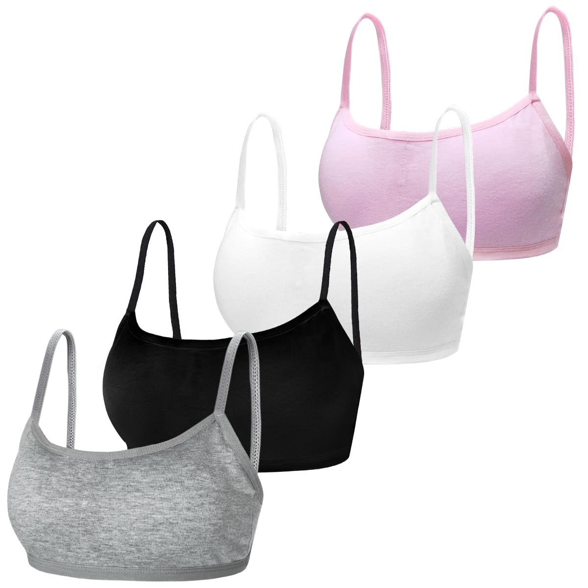 4 Reggiseni Sportivi Per Ragazze 8-12 Anni - Cotone, Senza Ferretto, Cinghie Spaghetti, Bianco/Nero/Rosa/Pelle - Foto 5