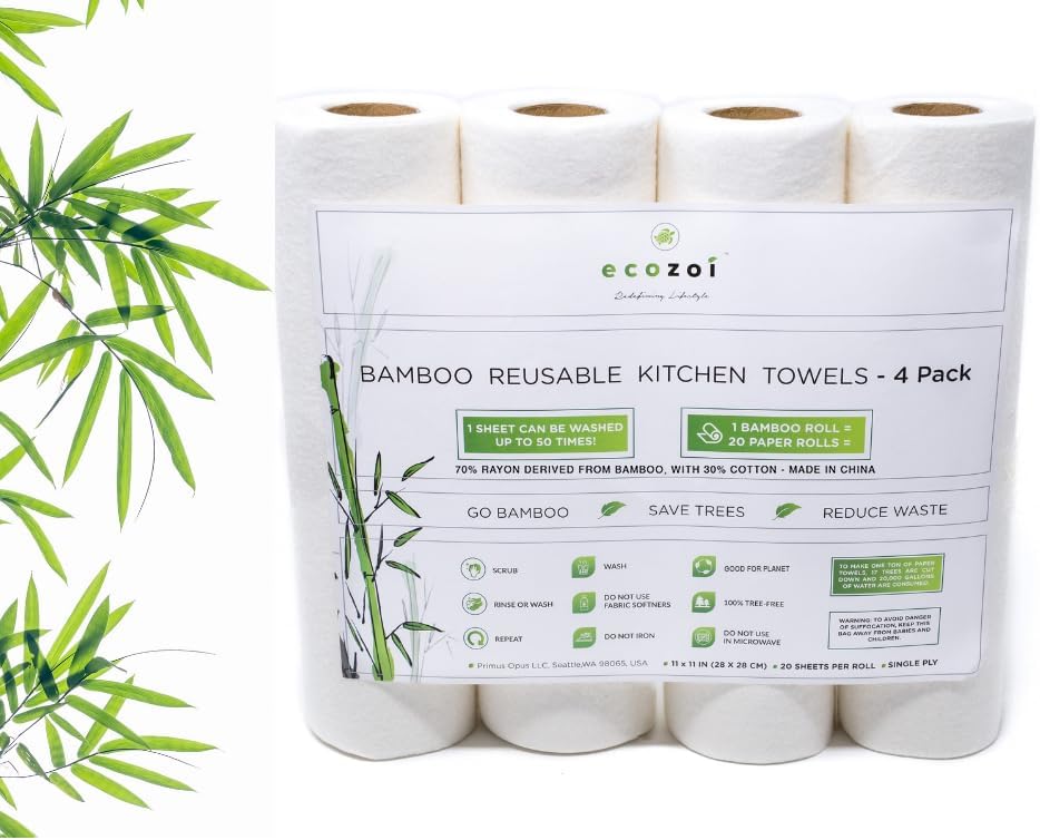 Ecozoi Toallas de papel de bambú reutilizables, paquete de 4, equivalentes a 80 rollos regulares, rollos de papel de cocina sostenibles y