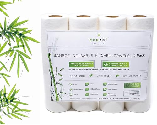 ecozoi Reusable Bamboo Paper Towels - 4 Pack | Rayon derived from Bamboo |Equivalent to 80 Regular Rolls | Sustainable Eco Friendly Kitchen Paper Rolls | 50 Times More Usage Than Regular Paper Rolls