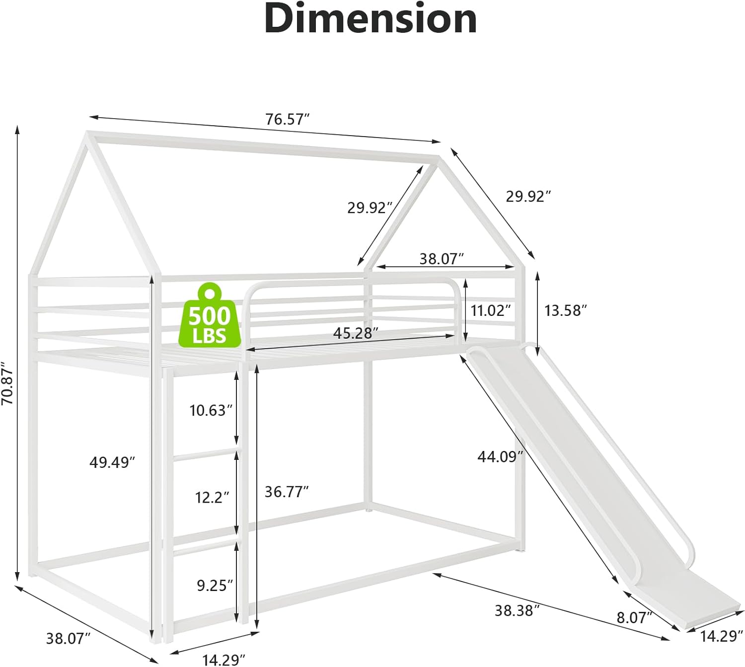 Metal Bunk Bed with Convertible Slide & House Roof Design - Twin-Over-Twin Low Frame | Full Guardrail, Montessori Style (White)