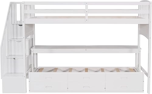 Miniatura 6 de EMKK Cama alta individual XL con nido de tamaño individual y 3 cajones escalera de almacenamiento escritorio marco de cama de madera para niños