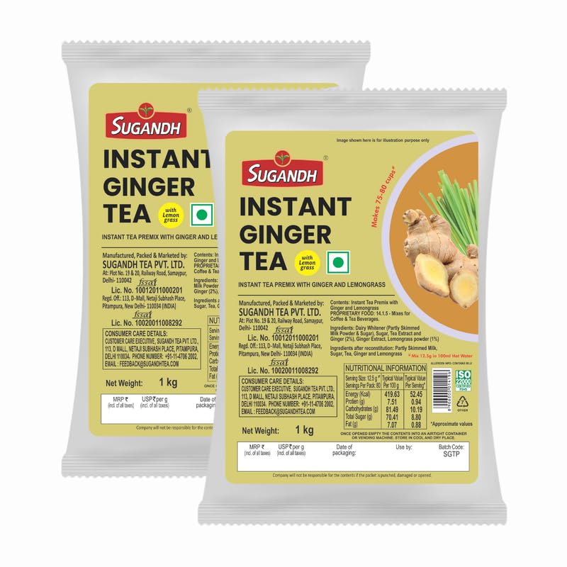 Image of Sugandh Instant Ginger Tea | 2 x 1kg Value Pack | Instant Chai Premix Powder | Bold Ginger Flavor | Easy to Make - Just Add Hot Water