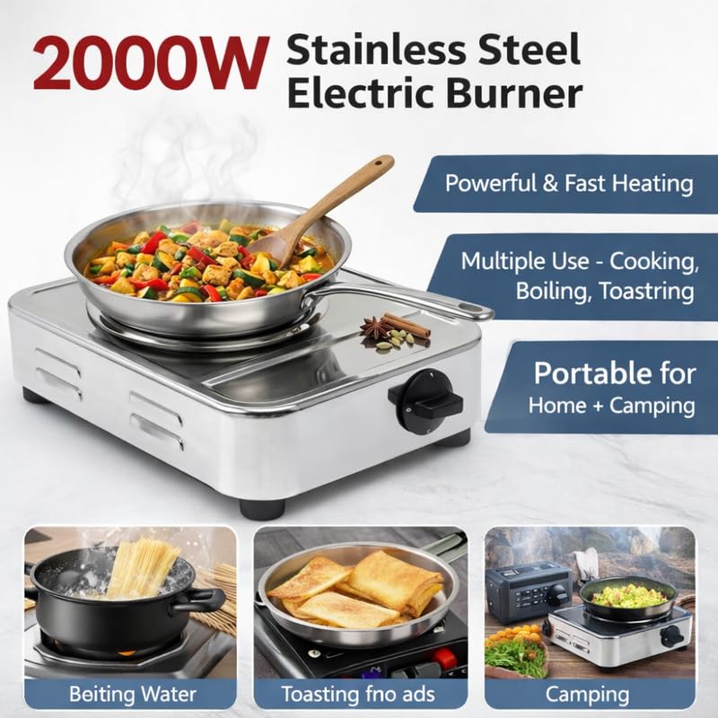 Image of Elevea 𝟏𝟓-𝐘𝐞𝐚𝐫 𝐋𝐨𝐧𝐠-𝐋𝐢𝐟𝐞 𝐖𝐚𝐫𝐫𝐚𝐧𝐭𝐲 Electric Cooking Plate, 2000 Watt Fast Heating Coil Stove, Compact Hot Plate for Kitchen, Travel Friendly Single Burner, Durable