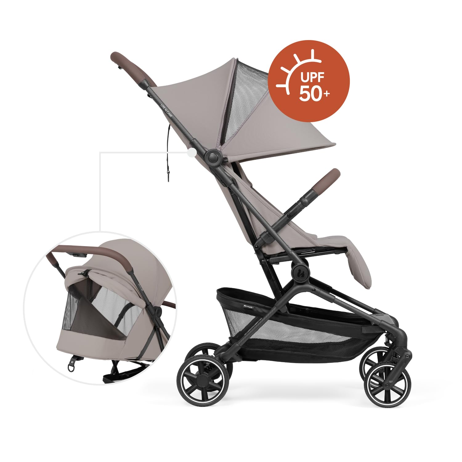 hauck Lite N Care Passeggino Ultraleggero 5,5 kg in Carbonio, Premiato German Design Award 2025 & Innovation Award 2025, Pieghevole Compatto IATA, UPF 50+, Schienale Reclinabile - Sandy Taupe | German Design Award 2026, bagaglio a mano, chiusura una mano