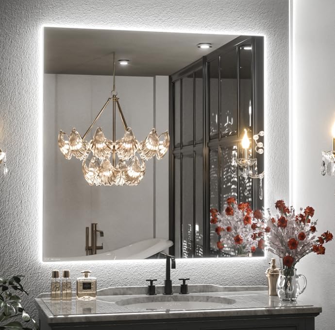 Keonjinn LED Bathroom Mirror with Lights 36 x 36 Inch, Backlit Vanity Mirrors for Wall, Stepless Dimmable, Anti Fog, Waterproof, CR90+ Tempered Glass, Memory Founction, High Lumen 36"L x 36"W