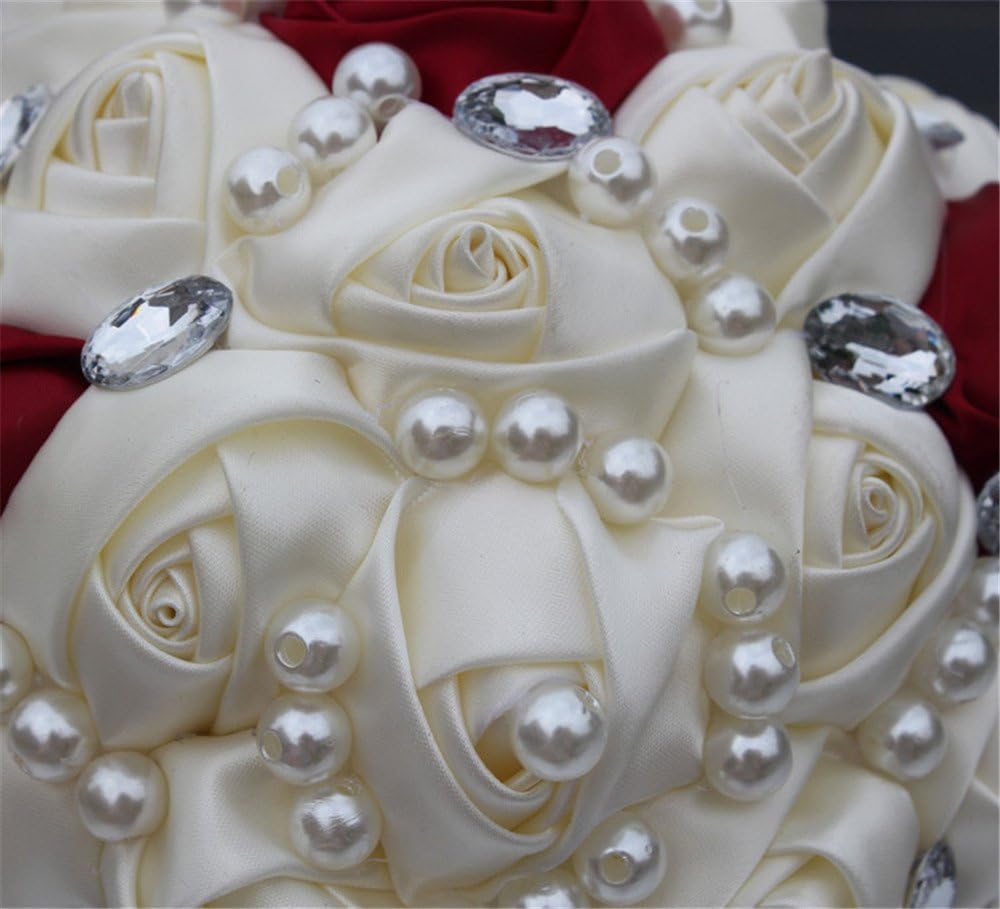 MOJUN Romantic Customization Bride Holding Bouquet Ribbon Rose Flowers Bridal Burgundy Wedding Bouquets Pearls Crystal Silk Flowers Burgundy Bridal Bouquets, Dia: 15cm