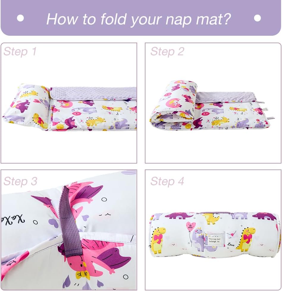 beeweed Toddler Nap Mat, Rollup Design Kid Sleeping Mat with Removable Pillow & Minky Blanket, Toddler Sleeping Bag for Daycare Preschool Travel Camping
