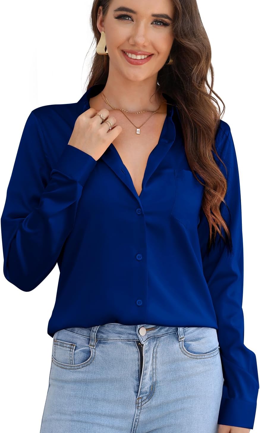 CBOO Women Elegant Satin Blouses Shirts, Soft Silk Shirts Top, Satin Button Down Shirts, Office Long Sleeve Blouse Shirt