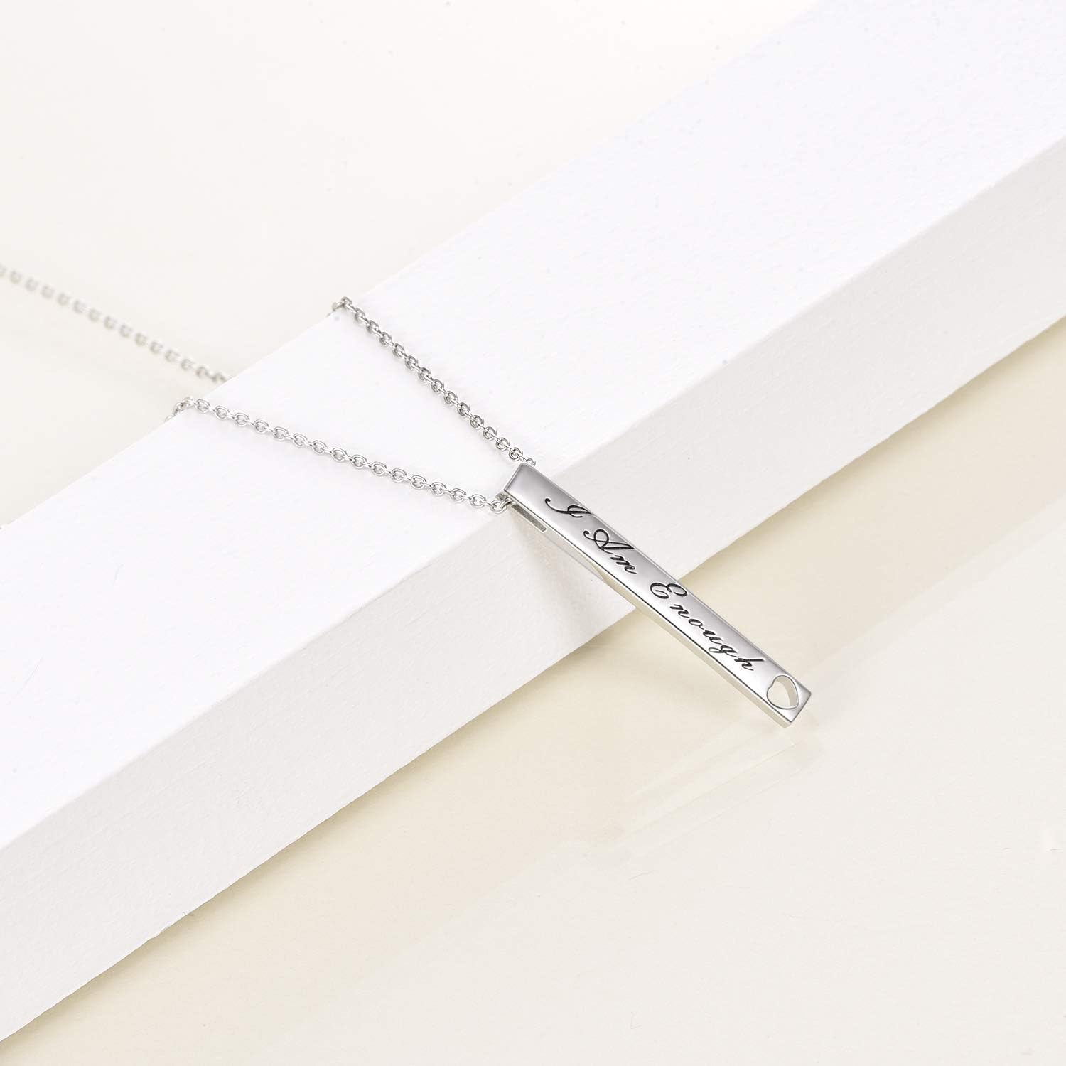 925 Sterling Silver Vertical Bar Necklace Engraved Message Inspirational Jewelry Gifts for Women