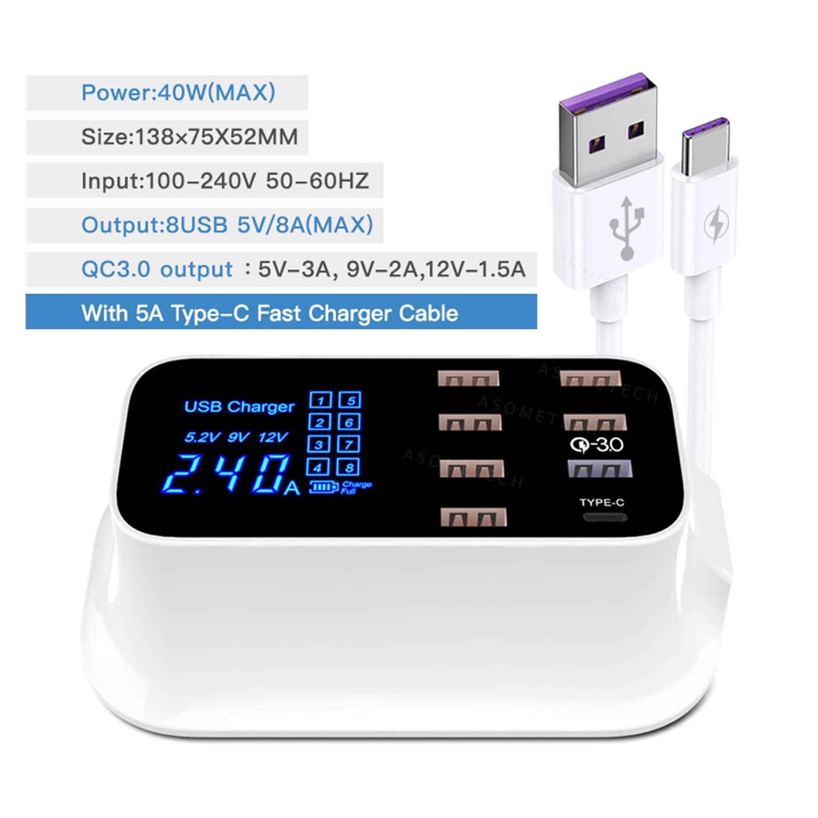 Stazione di ricarica multipla, Caricabatterie USB universale universale con supporto for telefono Adattatore da parete con presa di ricarica rapida Hub compatibile con cellulare, tablet e altro per pi