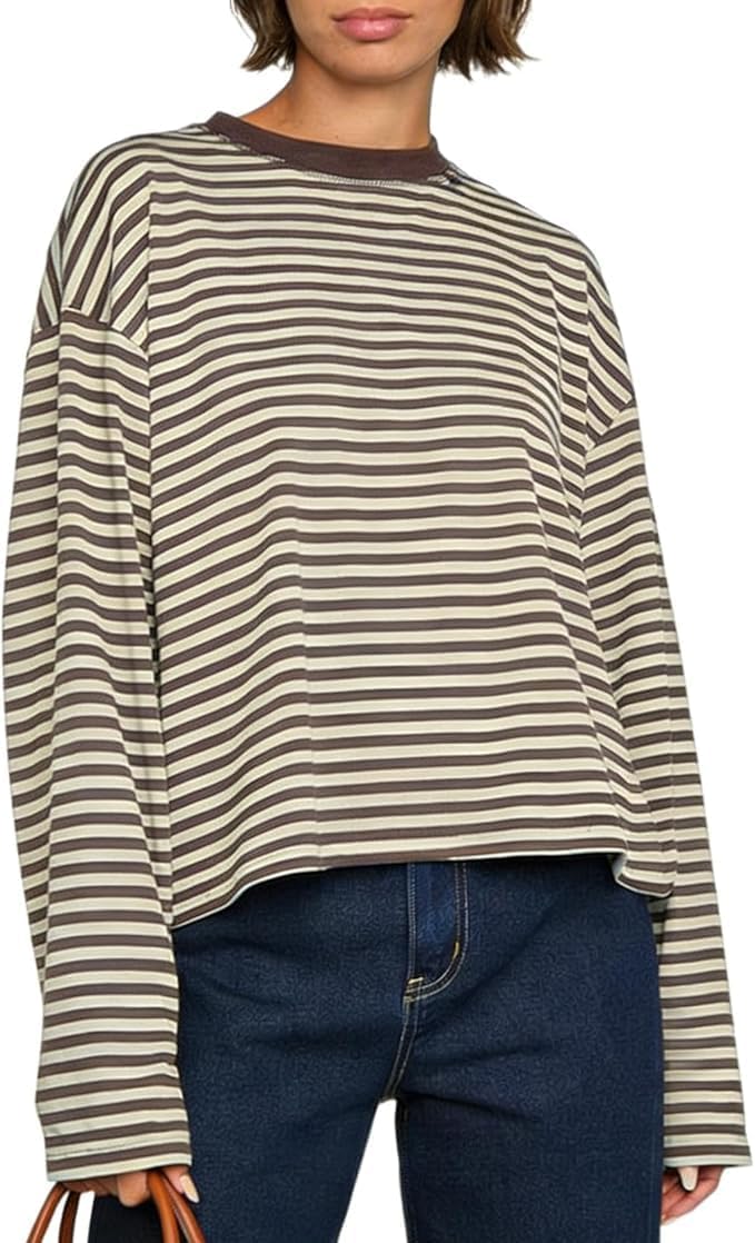 Foidiccx Striped Long Sleeve Shirt Women Y2k Oversized Crewneck Vintage Tops Fall Winter Drop Shoulder Cute Preppy Pullover