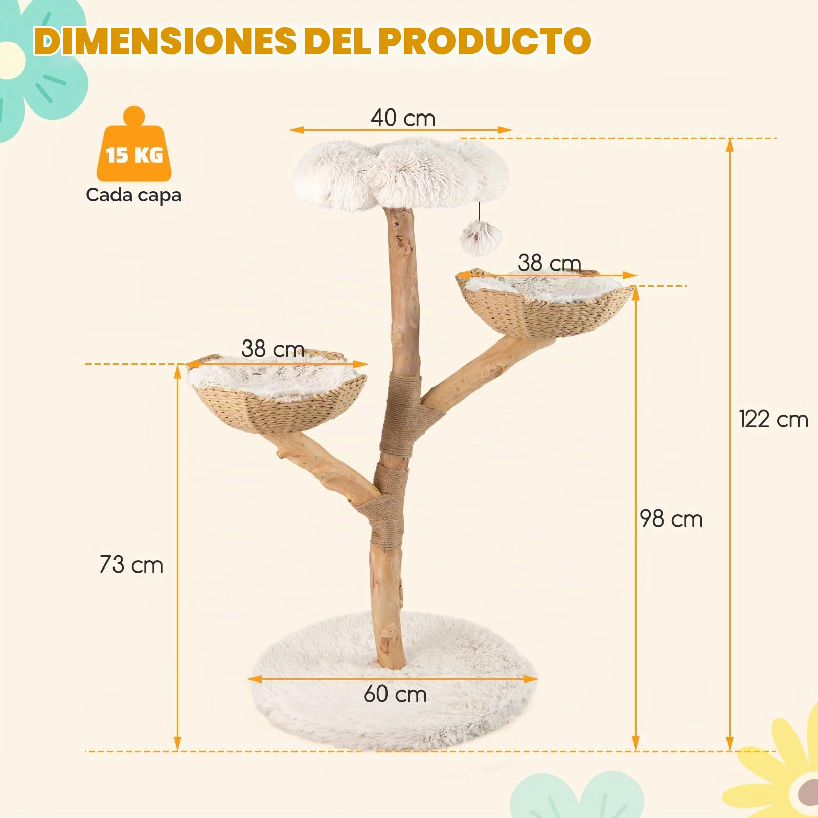 COSTWAY Rascador para Gatos, Árbol para Gatito Moderno de Madera Maciza, 122 cm Torre Gatos Rascador con Plataforma Forma de Flores, 2 Nidos con Cojines, Poste de Yute, Bola Colgante, Blanco y Natural