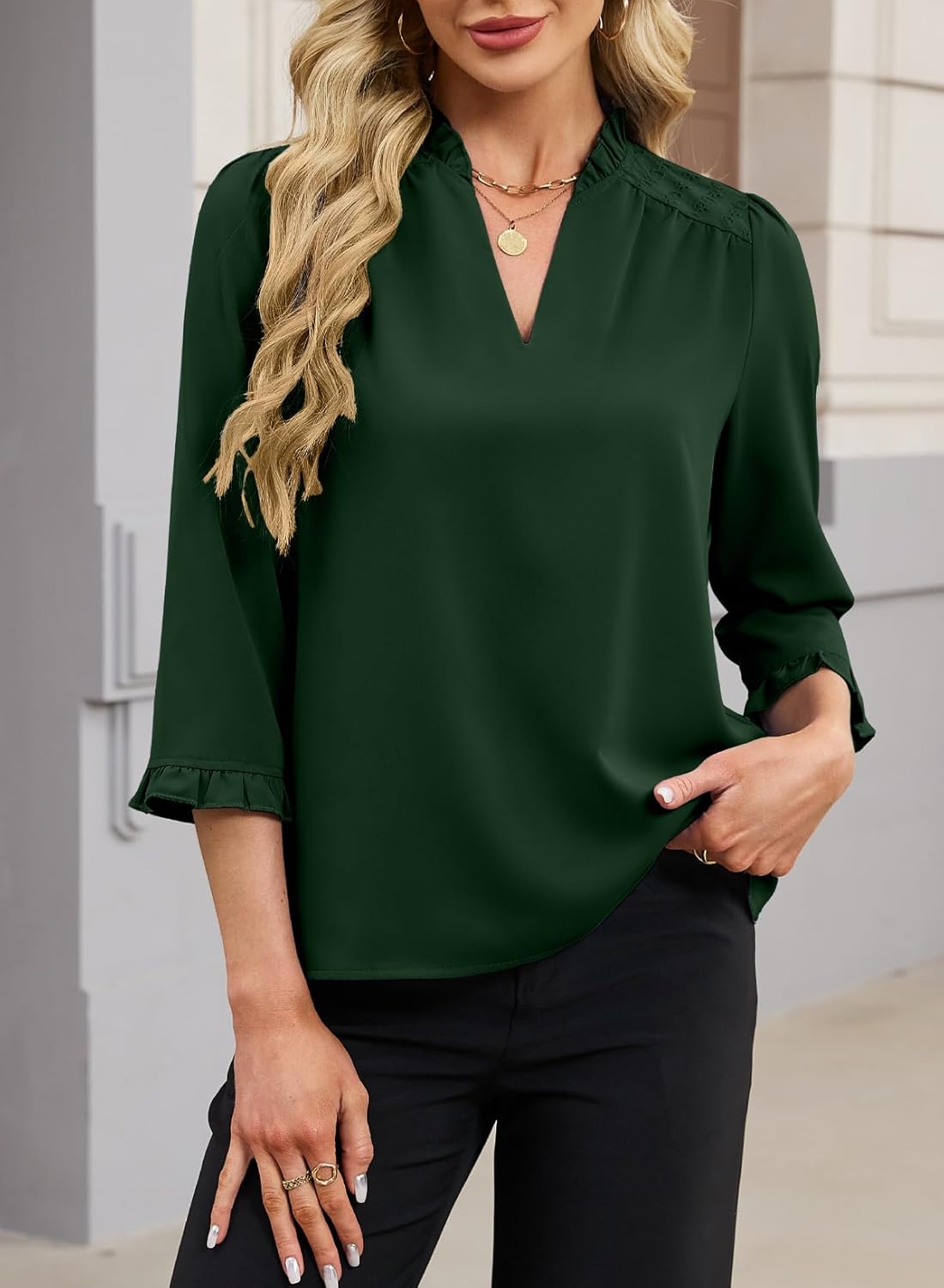 EVALESS Blouses for Women Dressy Casual 3/4 Length Sleeve Lace Patchwork Business Work Tops - Image 2