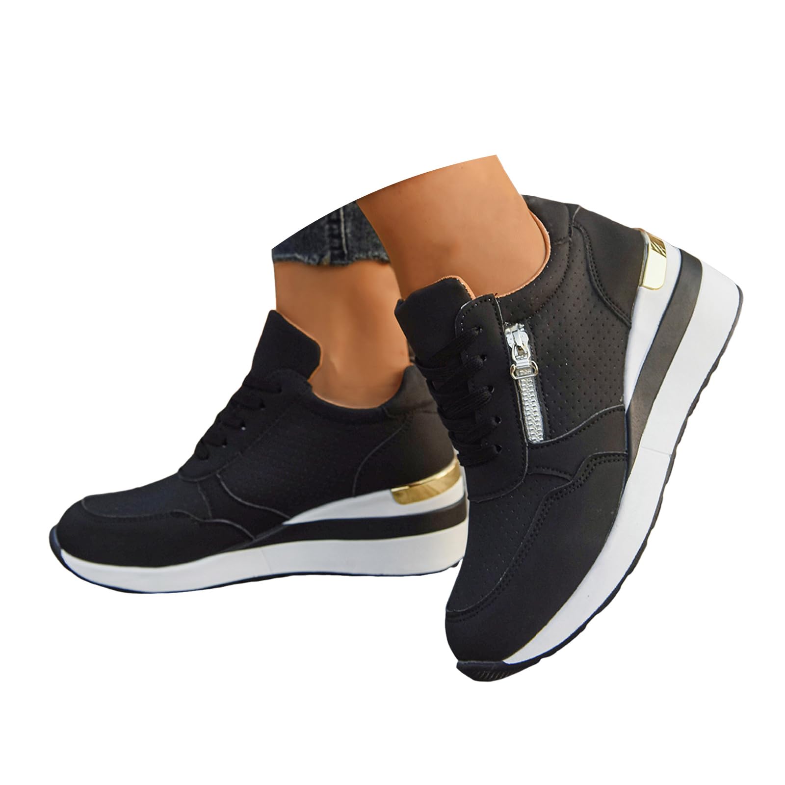 Platform Wedge Sneakers for Women Lace Up Walking Tennis Shoes Slip On Breathable Lightweight Chunky High Heels Fashion Sneakers Non-Slip Womens Comfortable Casual Shoes for Gym Travel Work