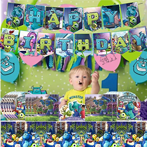 Monsters University Party Birthday Supplies, Monster-Inctheme Party Tableware With Happy Birthday Banner, Tablecloth, Disposable 7" Paper Plates With Napkins For Kids Party Supplies Decorations #TOP3