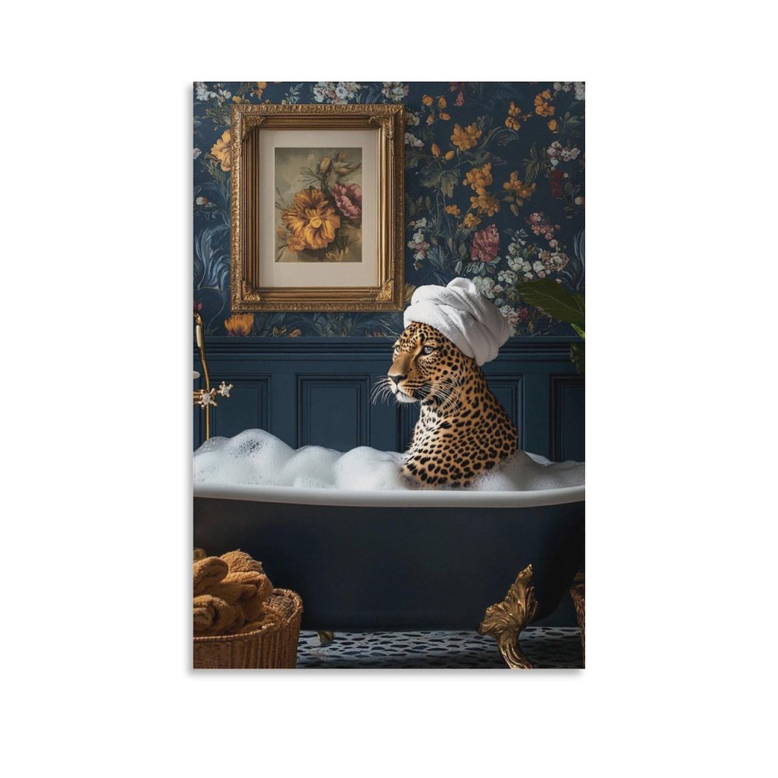 Maximalist Leopard Taking A Bubble Bath Art Poster Bold Fun Animal Poster Vintage Traditional Leopard With Towel Poster Ploral Flowers Eclectic Poster Canvas Poster Bedroom Decor Landscape Office Room
