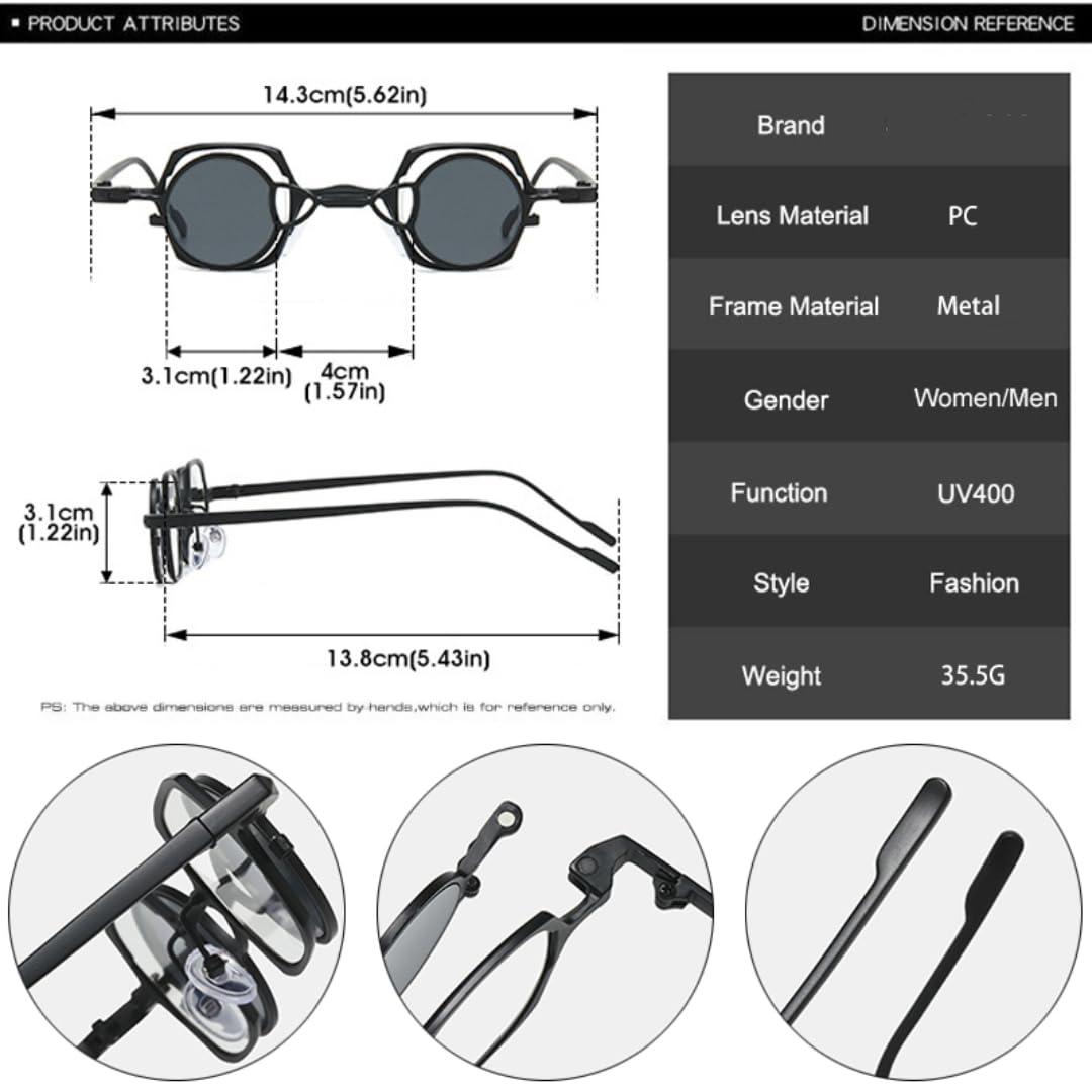 Gafas de sol de lujo para mujer, pequeñas, de metal, con lentes redondas desmontables, estilo espejo, protección UV400 para hombre.