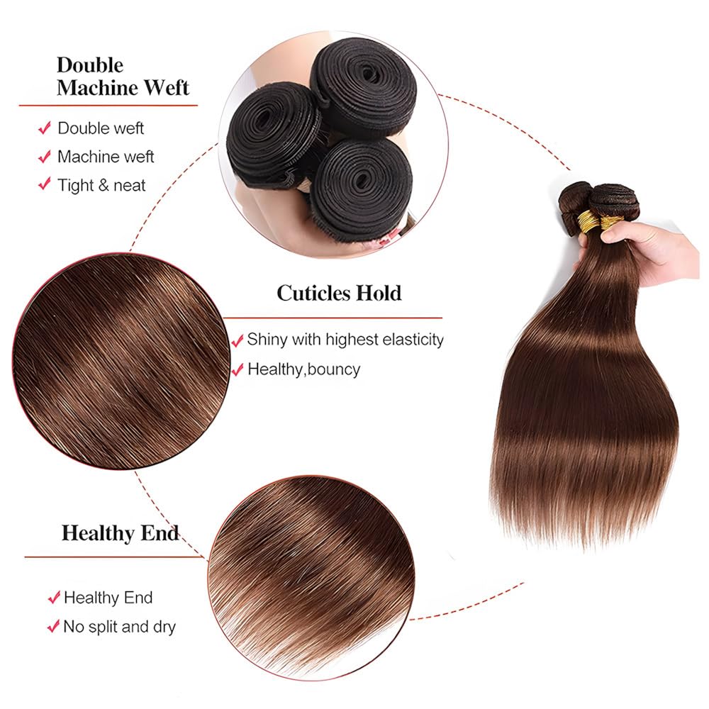 Chocolate Brown Human Hair Bundles Color #4 Straight Bundles 14 16 18 Inch Brazilian Virgin Remy Hair Extensions Double Weft Color #4 Bundle Human Hair Dark Brown Straight Bundle for Women