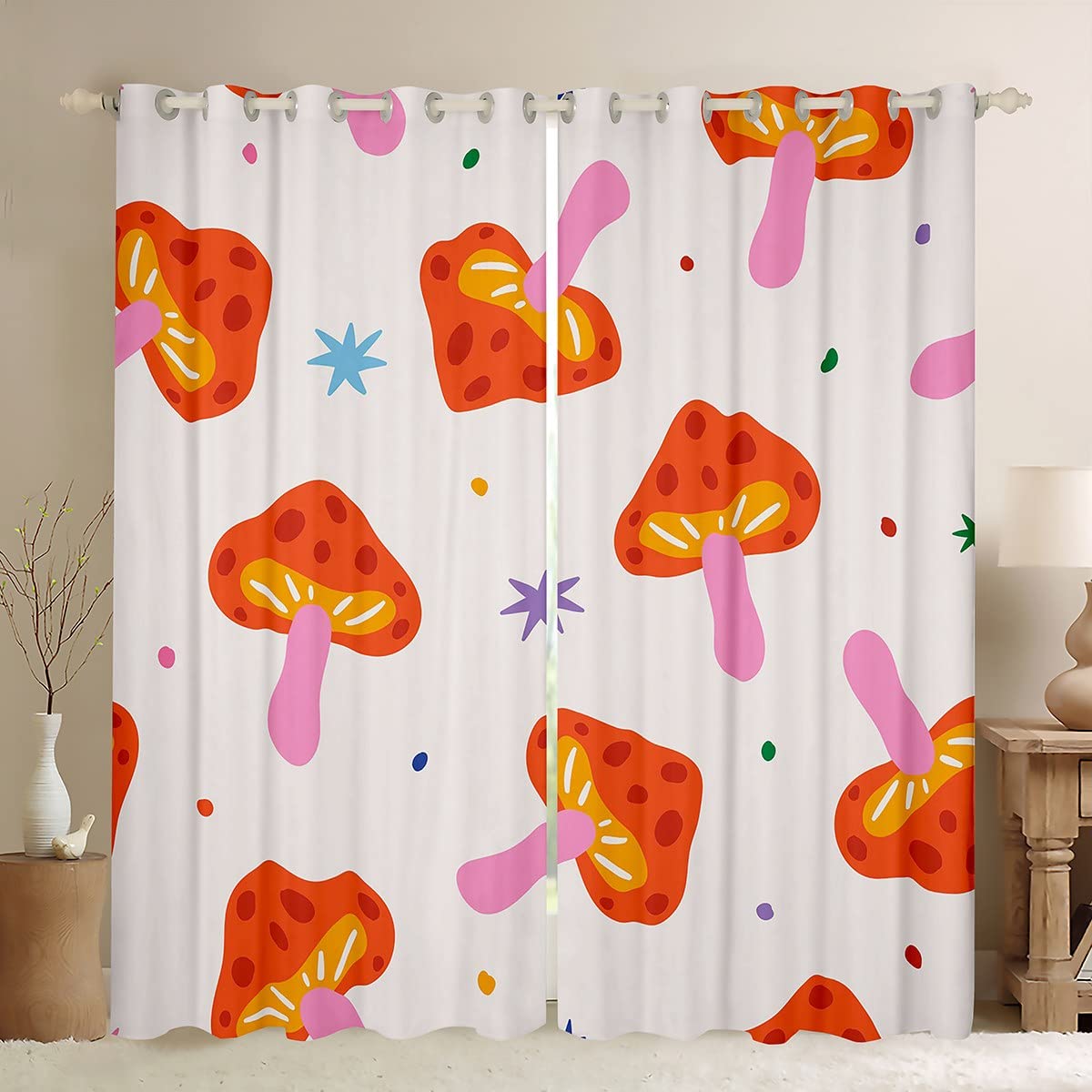 Loussiesd Kawaii Grzyb Okno Dreapes Uroczy Grzyb Gwiazda Nadruk Zasłony do Sypialni Salonu Śliczne Grzyby Zasłony Zaciemniające (30%-50%) Wystrój Dziki Grzyb Zabiegi Okna Szer. 132*D63